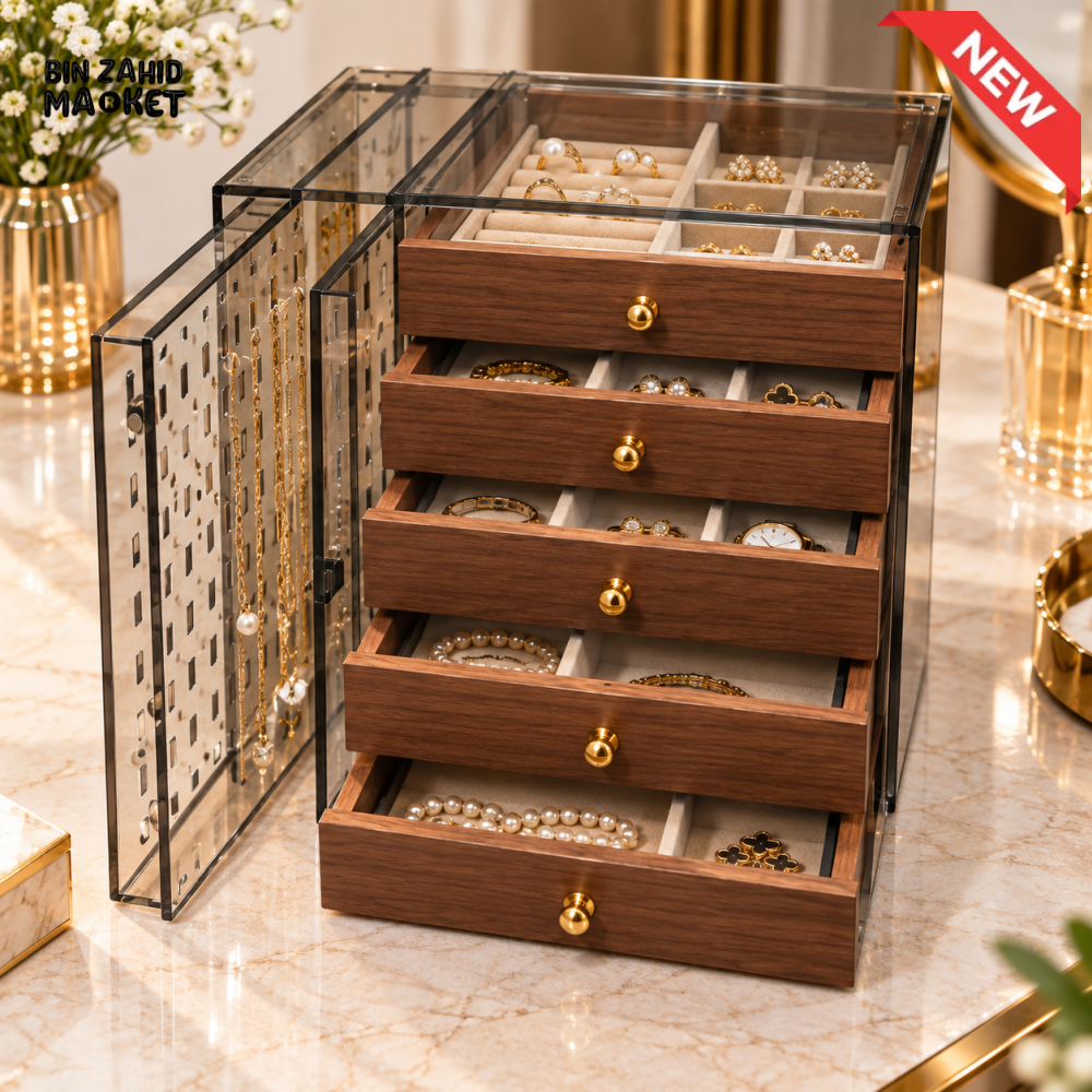 5-DRAWER WOODEN JEWELRY ORGANIZER CABINET WITH TRANSPARENT DISPLAY CASE