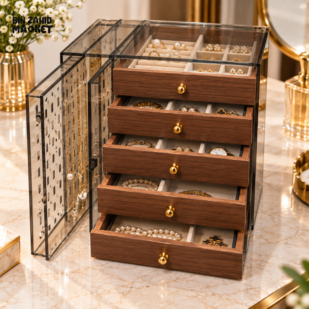5-DRAWER WOODEN JEWELRY ORGANIZER CABINET WITH TRANSPARENT DISPLAY CASE