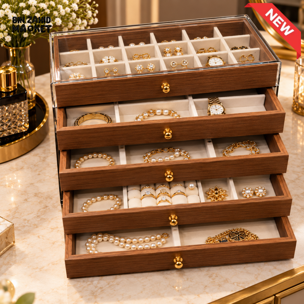 5-LAYER WOODEN JEWELRY ORGANIZER BOX WITH TRANSPARENT GLASS LID