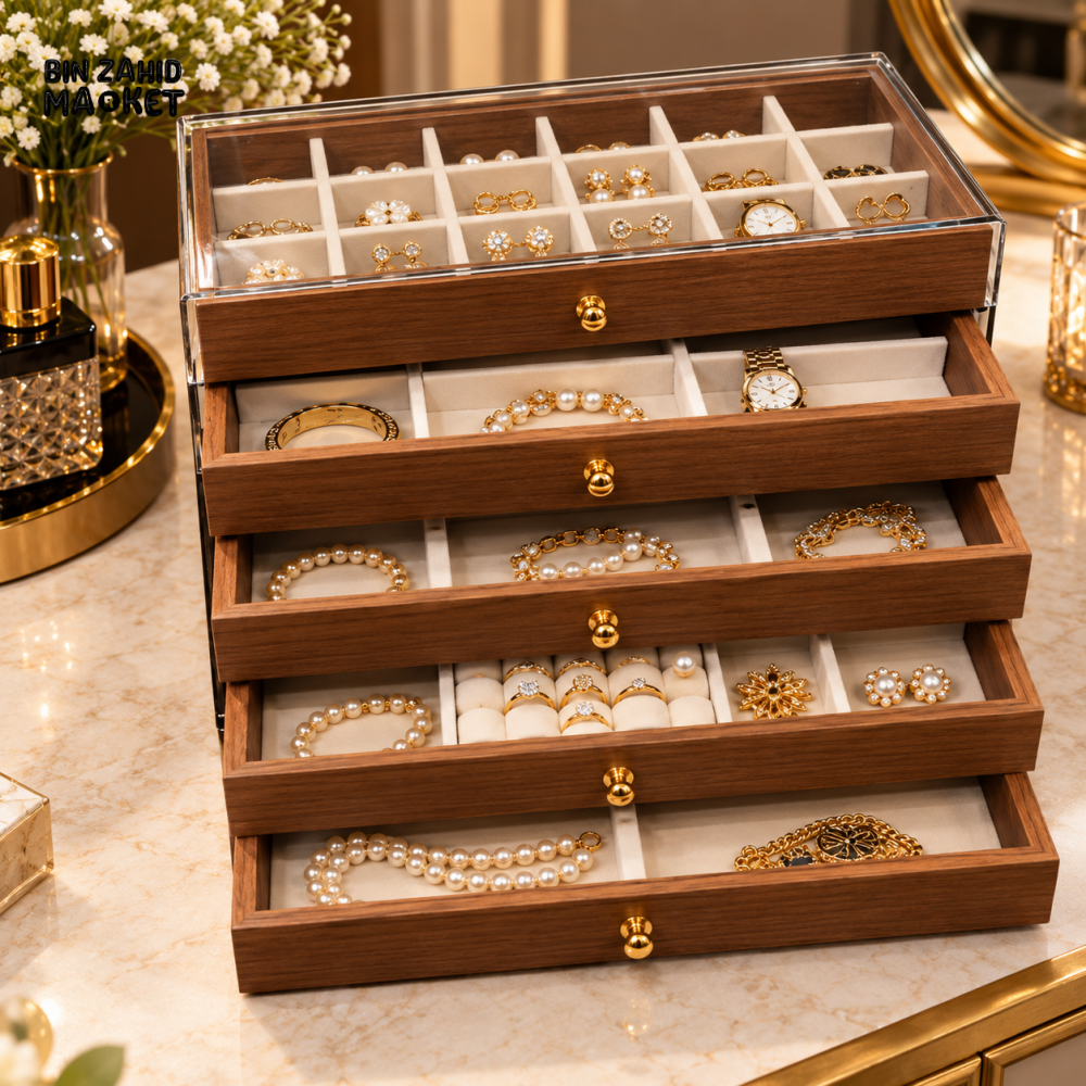 5-LAYER WOODEN JEWELRY ORGANIZER BOX WITH TRANSPARENT GLASS LID