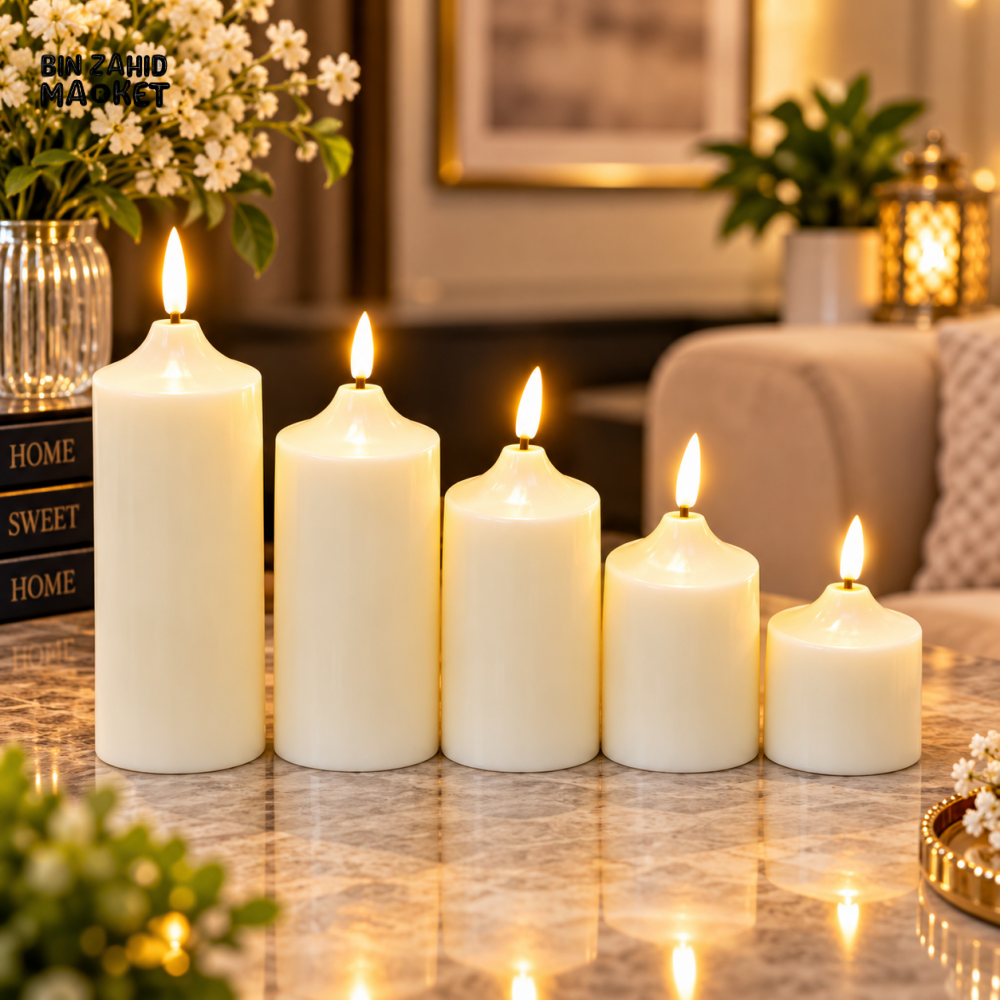5 PIECE IVORY LED PILLAR CANDLE SET