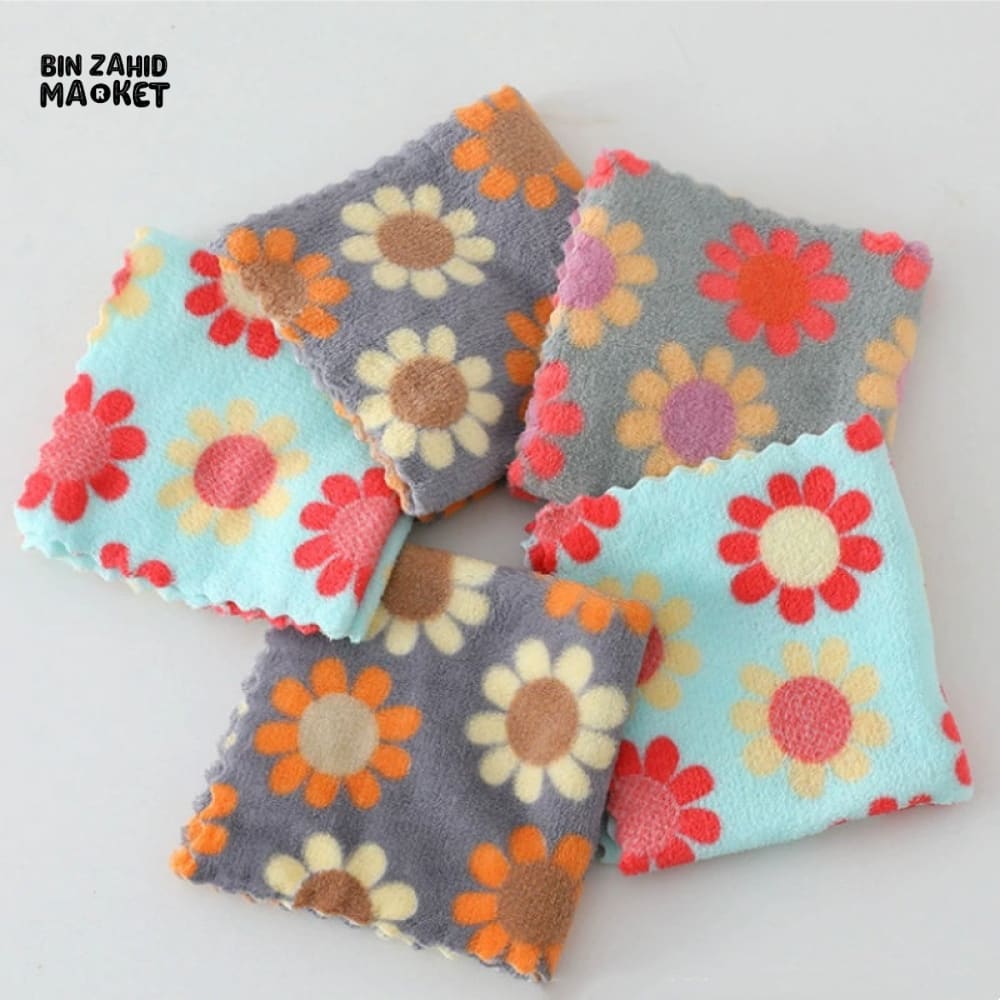 5 PIECE KITCHEN CLEANING CLOTH SET – SOFT ABSORBENT CORAL FLEECE SUNFLOWER DISHCLOTHS & HOUSEHOLD WIPING TOWELS