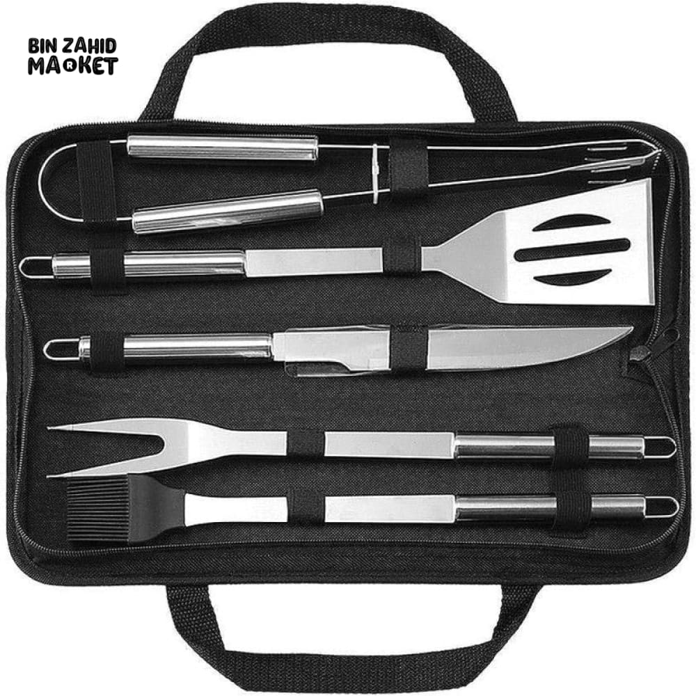 5 PIECE STAINLESS STEEL BBQ GRILL TOOL SET WITH CARRY BAG