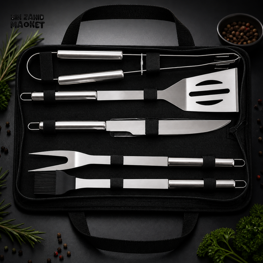 5 PIECE STAINLESS STEEL BBQ GRILL TOOL SET WITH CARRY BAG