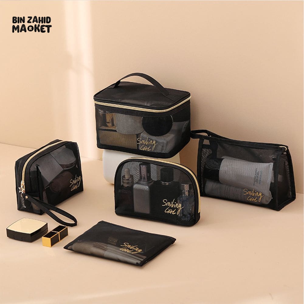 5 PIECES BLACK MESH COSMETIC BAG SET – TRANSPARENT TRAVEL MAKEUP ORGANIZER SMALL & LARGE TOILETRY BAGS WITH BRUSH HOLDER