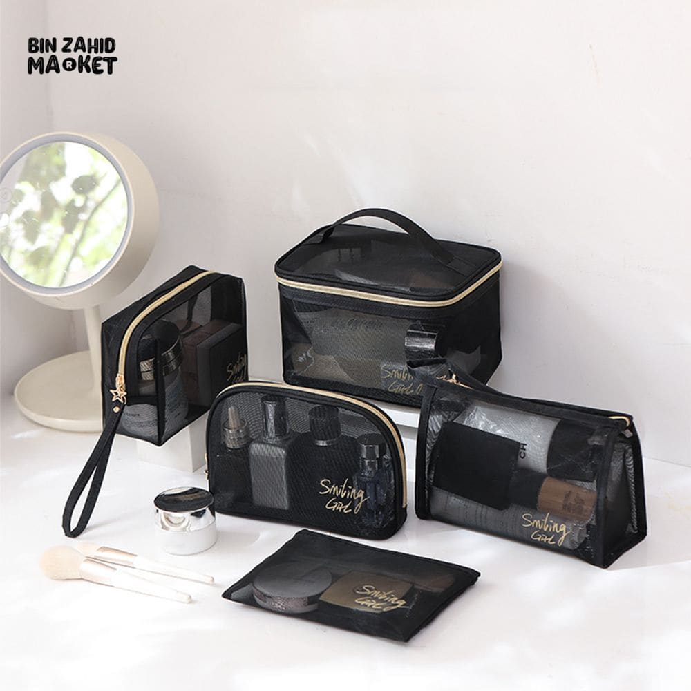 5 PIECES BLACK MESH COSMETIC BAG SET – TRANSPARENT TRAVEL MAKEUP ORGANIZER SMALL & LARGE TOILETRY BAGS WITH BRUSH HOLDER