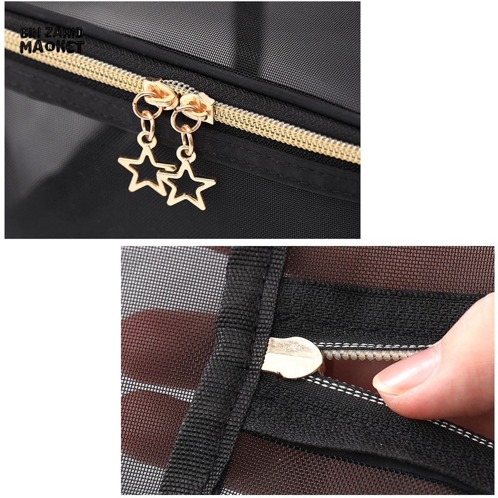 5 PIECES BLACK MESH COSMETIC BAG SET – TRANSPARENT TRAVEL MAKEUP ORGANIZER SMALL & LARGE TOILETRY BAGS WITH BRUSH HOLDER