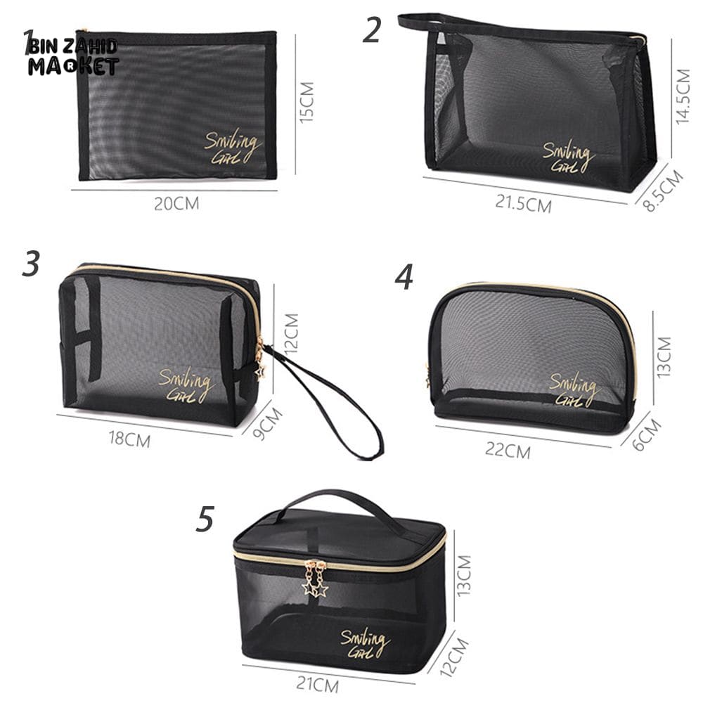 5 PIECES BLACK MESH COSMETIC BAG SET – TRANSPARENT TRAVEL MAKEUP ORGANIZER SMALL & LARGE TOILETRY BAGS WITH BRUSH HOLDER