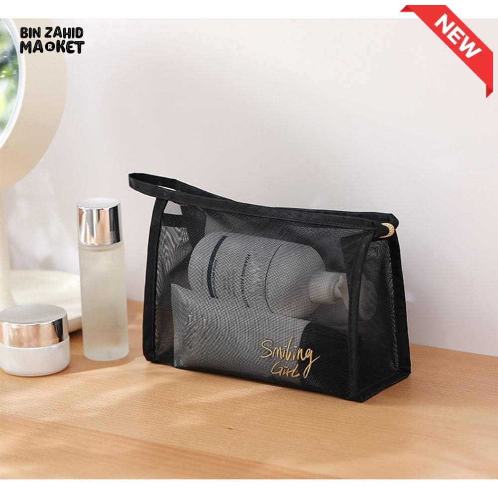 5 PIECES BLACK MESH COSMETIC BAG SET – TRANSPARENT TRAVEL MAKEUP ORGANIZER SMALL & LARGE TOILETRY BAGS WITH BRUSH HOLDER