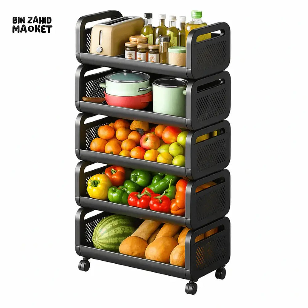 5 TIER BLACK METAL STORAGE RACK WITH WHEELS | KITCHEN & PANTRY ORGANIZER FOR FRUITS VEGETABLES & BOTTLES - LU-3
