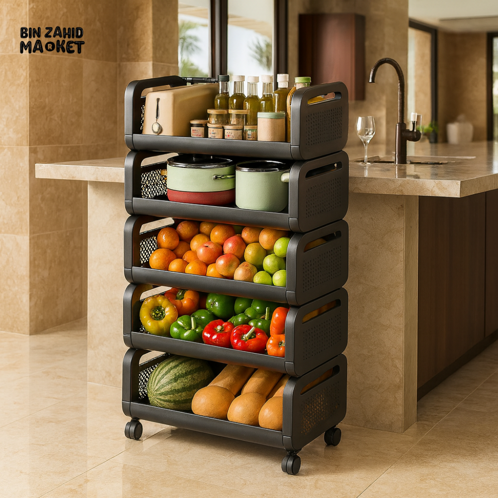 5 TIER BLACK METAL STORAGE RACK WITH WHEELS | KITCHEN & PANTRY ORGANIZER FOR FRUITS VEGETABLES & BOTTLES - LU-3