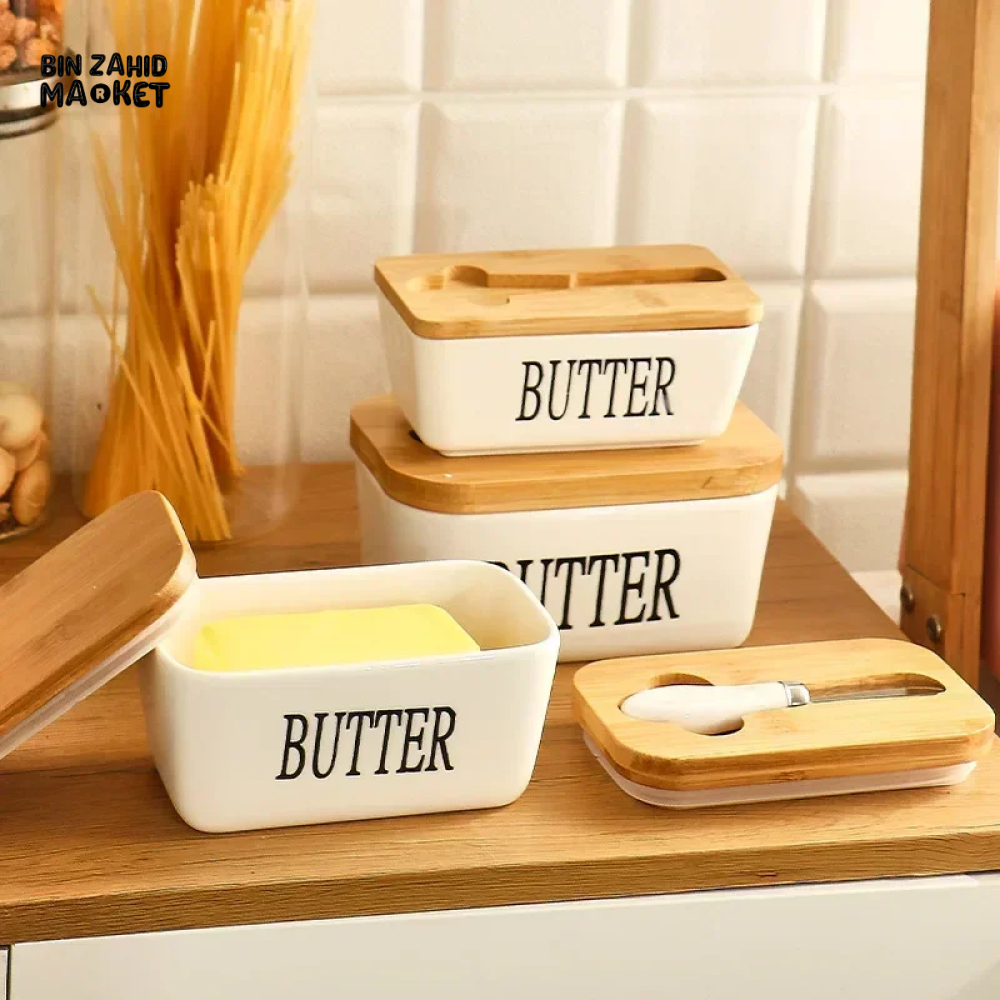 500 ML CERAMIC BUTTER CONTAINER WITH KNIFE BAMBOO LID