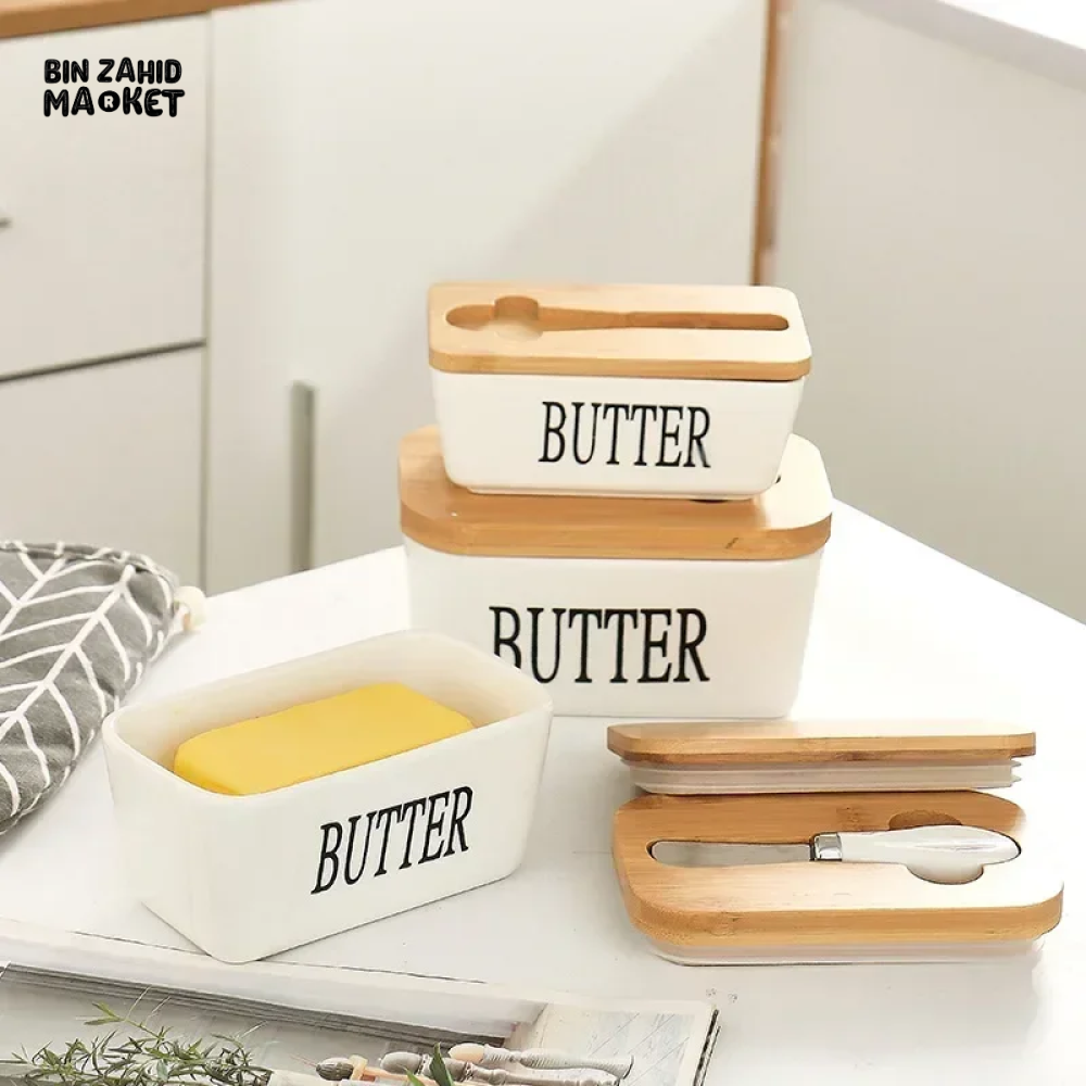 500 ML CERAMIC BUTTER CONTAINER WITH KNIFE BAMBOO LID