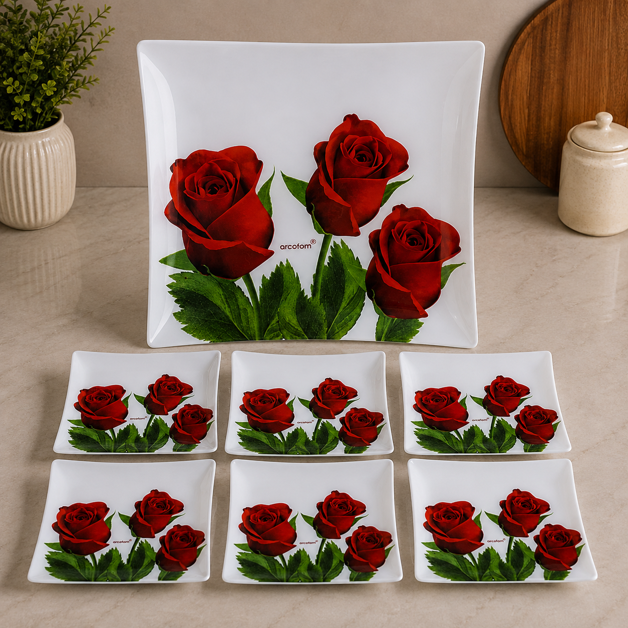 ARCOFAM RED ROSE SQUARE SERVING 7 PIECE PLATE SET - WHITE GOLSHAN
