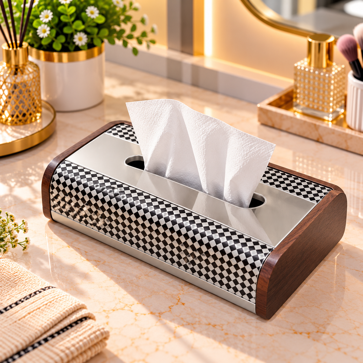 BLACK AND WHITE CHECKERED TISSUE BOX WITH WOODEN SIDES