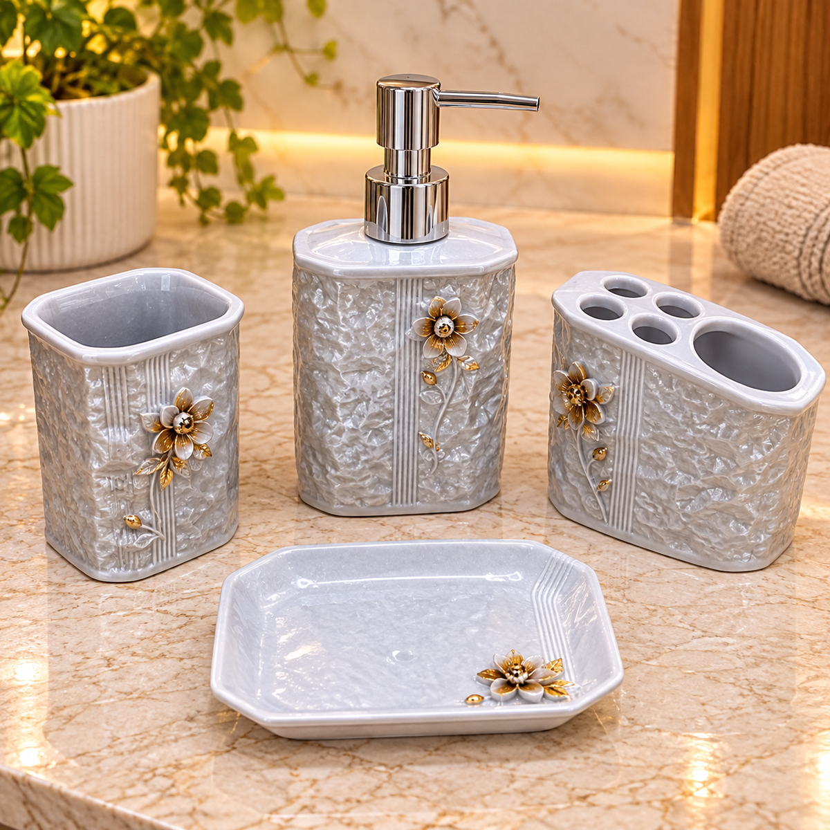 PEARL GREY FLORAL DESIGN CERAMIC BATHROOM ACCESSORY SET