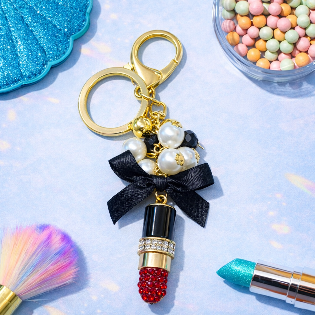 LUXURY LIPSTICK KEYCHAIN WITH PEARLS & BLACK BOW – AESTHETIC BAG CHARM