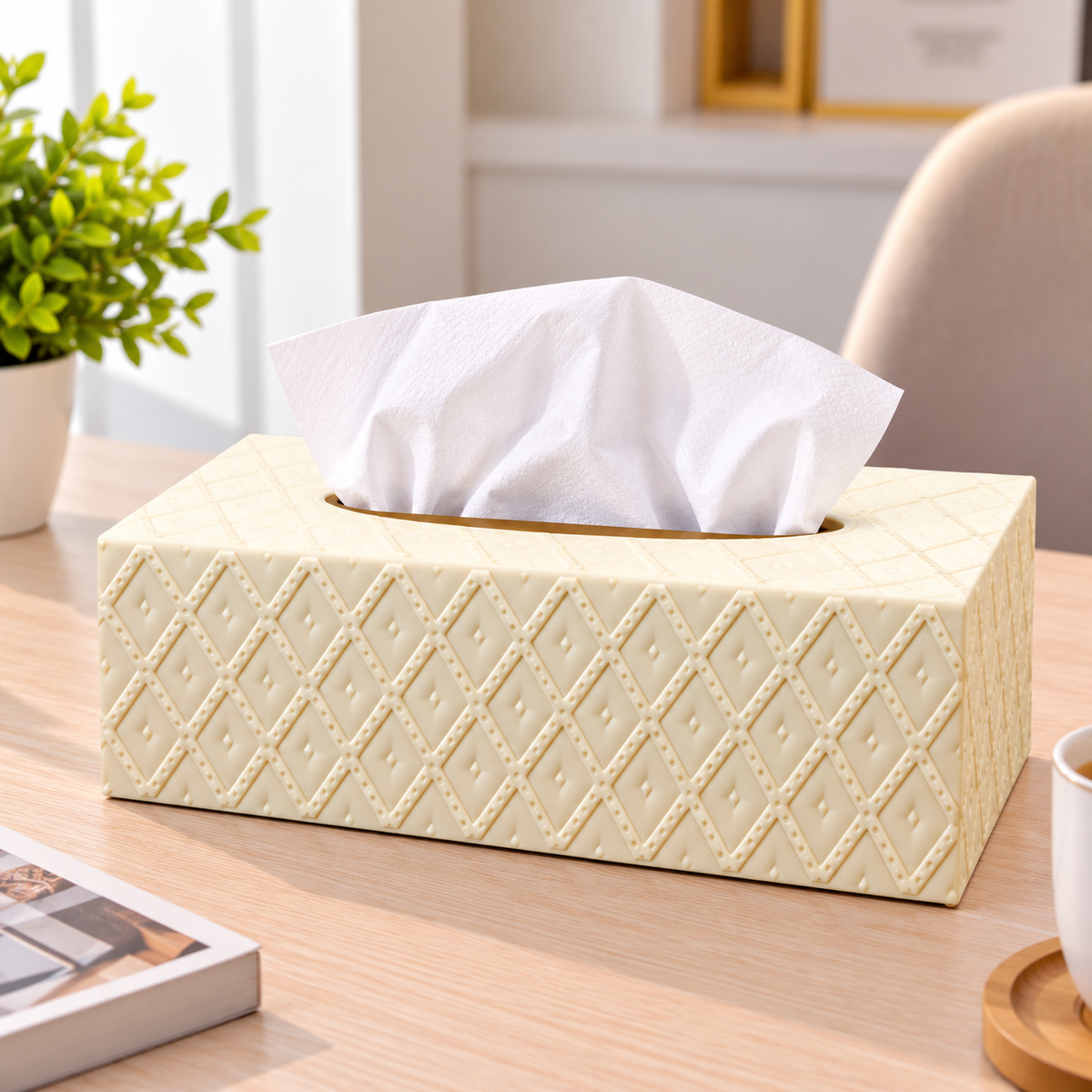 CREAM WHITE DIAMOND PATTERN RECTANGULAR TISSUE BOX COVER