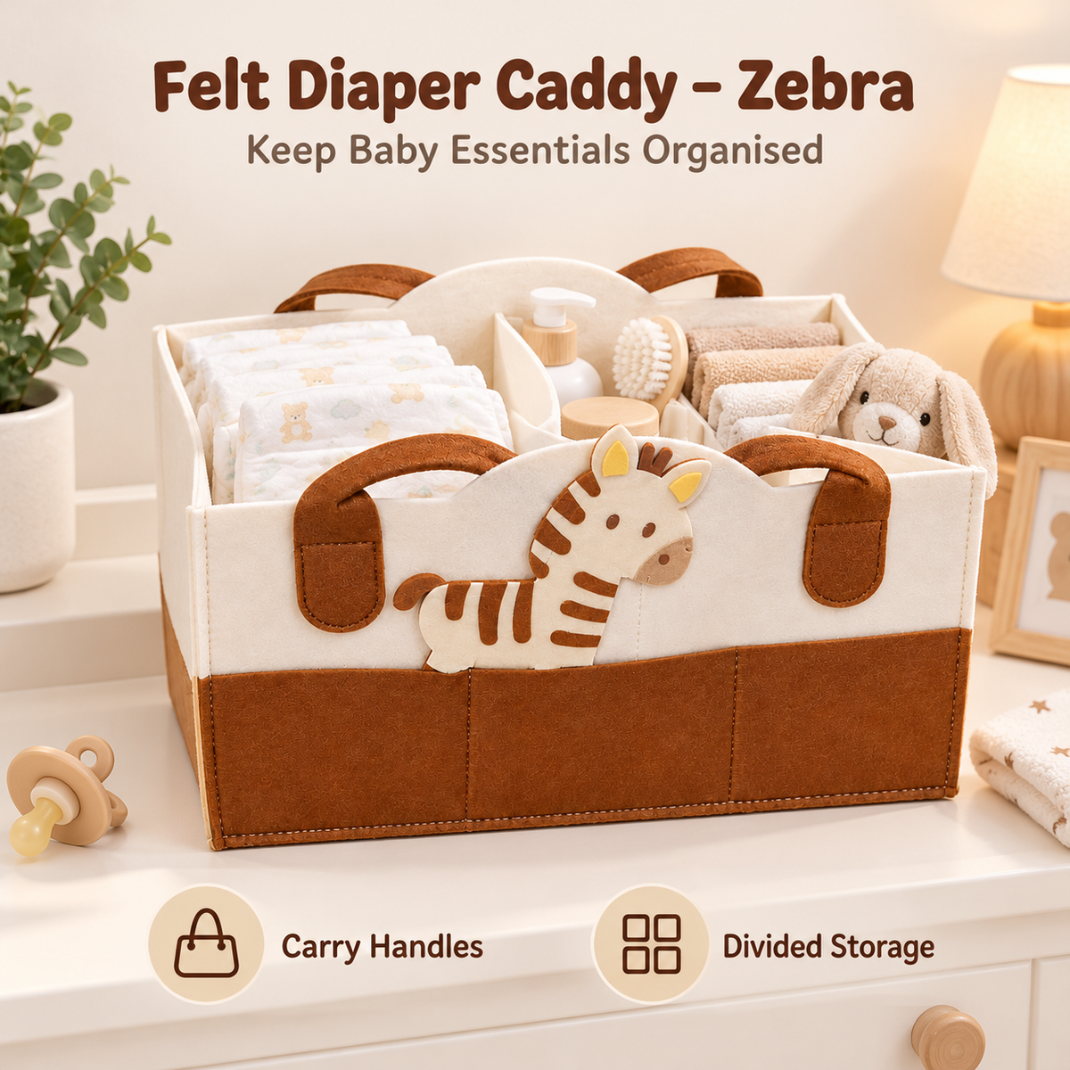 Felt Diaper Caddy – Zebra – Baby Essentials Storage Demonstration