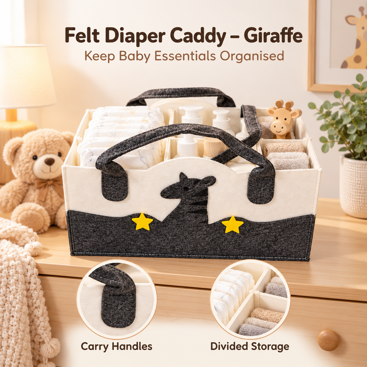 Felt Diaper Caddy – Giraffe – Baby Essentials Storage Demonstration