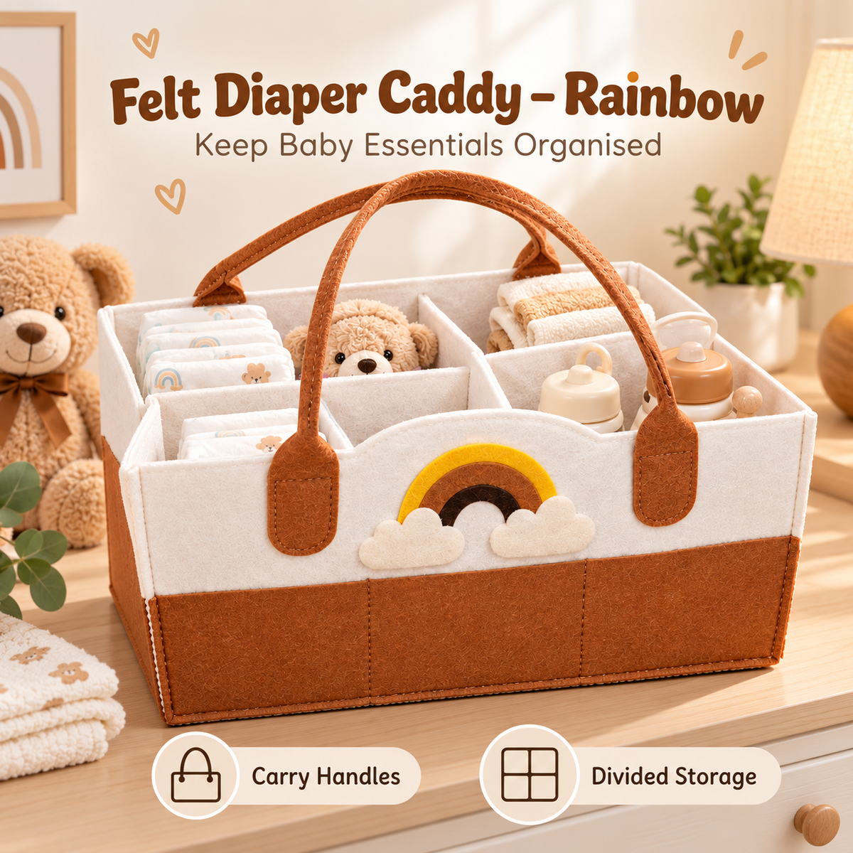 Felt Diaper Caddy – Rainbow – Baby Essentials Storage Demonstration