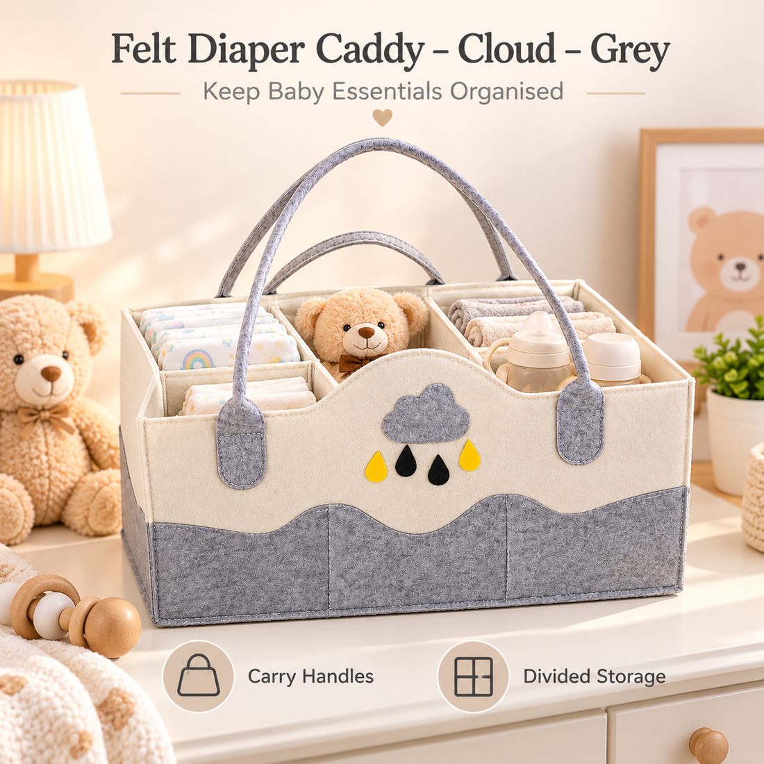 Felt Diaper Caddy – Cloud – Grey – Elevated Studio View