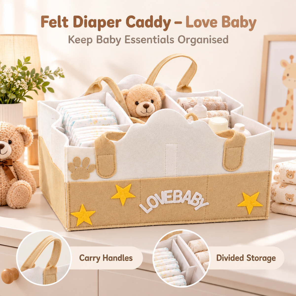 Felt Diaper Caddy – Love Baby – Baby Essentials Storage Demonstration