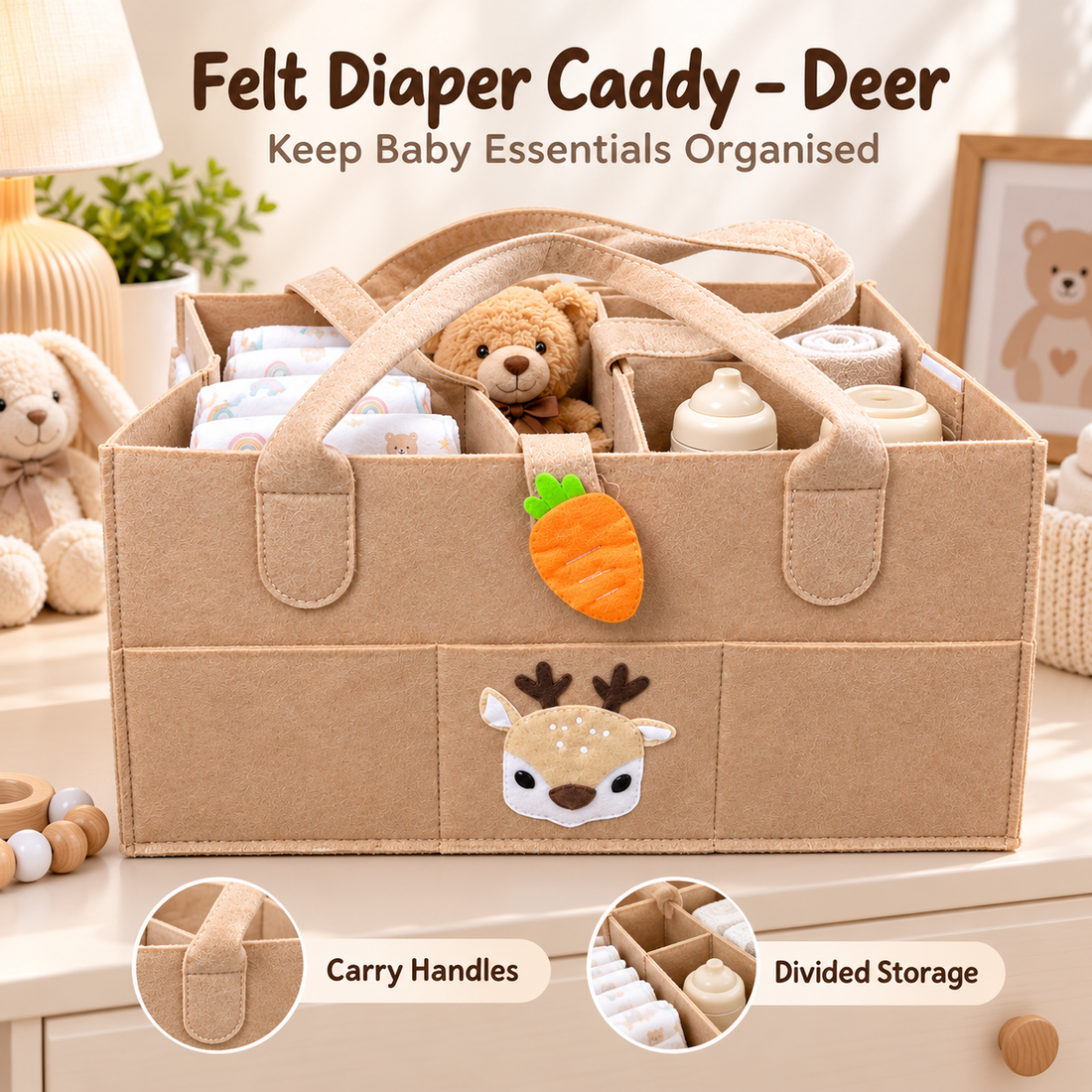 Felt Diaper Caddy – Deer – Elevated Studio View