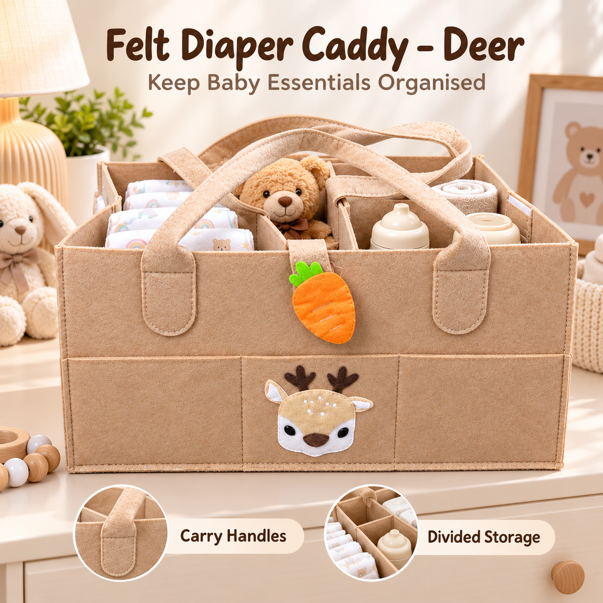 Felt Diaper Caddy – Deer – Baby Essentials Storage Demonstration
