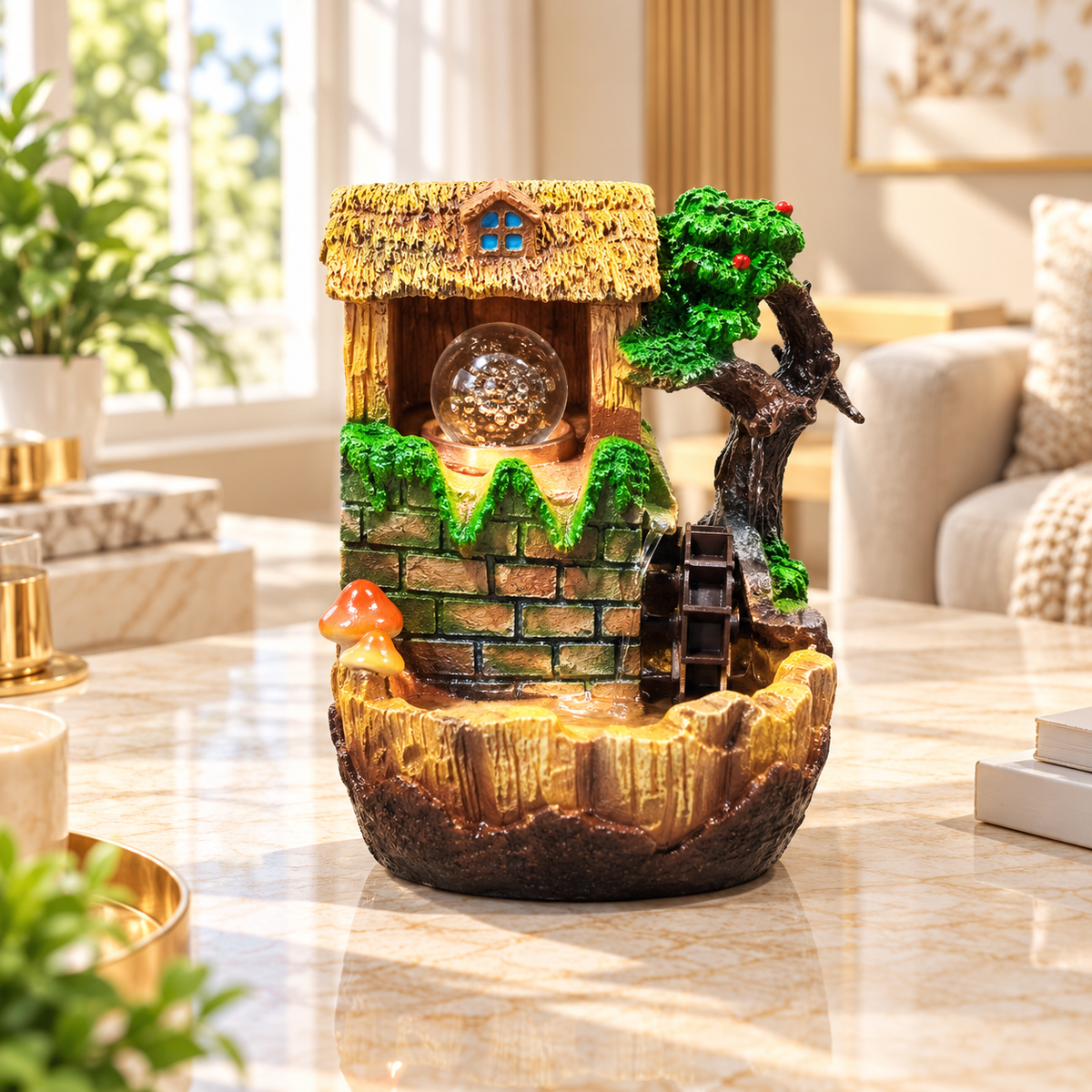 COTTAGE STYLE TABLETOP WATER FOUNTAIN WITH LED LIGHT & WATER WHEEL