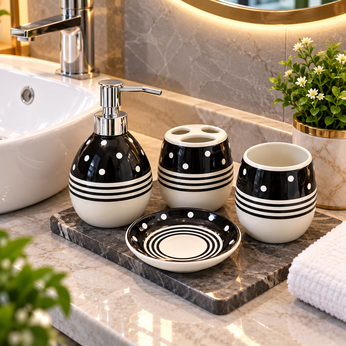 BLACK & WHITE POLKA DOT CERAMIC BATHROOM ACCESSORY SET