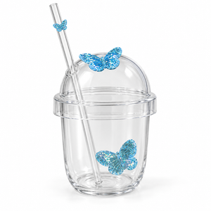 Glasslux Butterfly Dome Cup With Straw - Blue / 400 ml