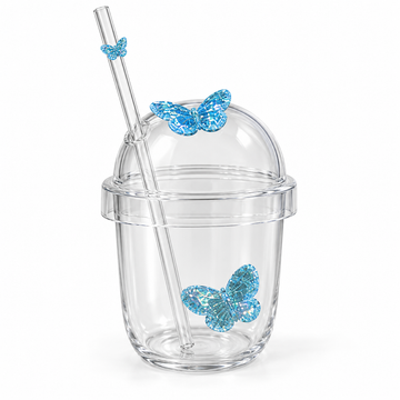 Glasslux Butterfly Dome Cup With Straw - Blue / 400 ml
