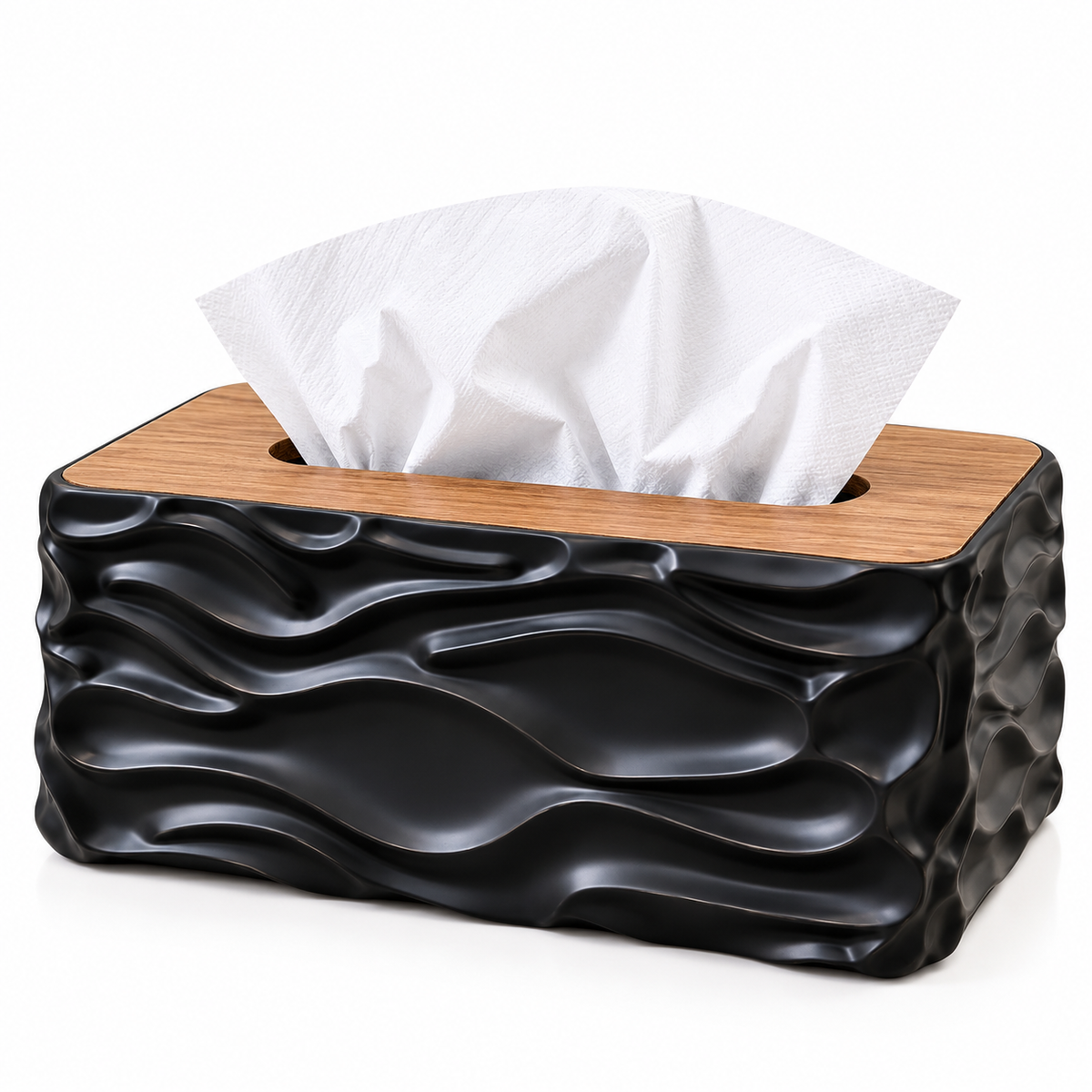 BLACK 3D WAVE TEXTURE RECTANGULAR TISSUE BOX WITH WOODEN STYLE LID