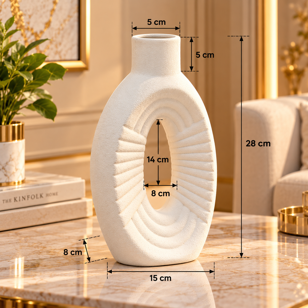 WHITE TALL OVAL RIBBED OPEN CENTER DECORATIVE VASE - LARGE