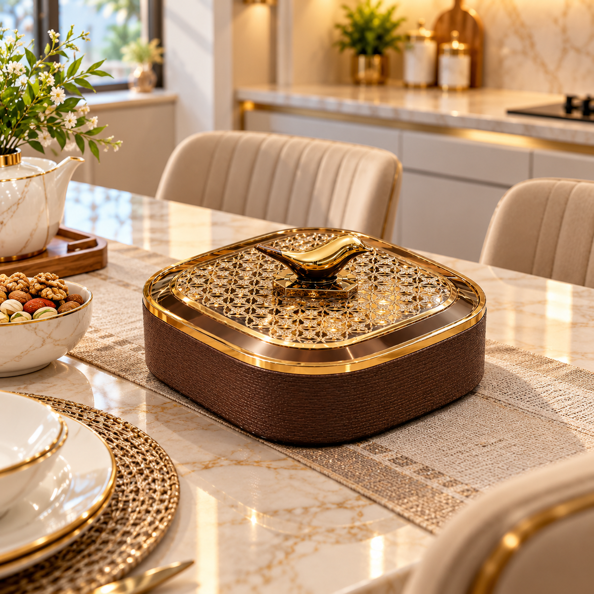 LUXURY BROWN & GOLD 4 COMPARTMENT DRY FRUIT BOX WITH BIRD HANDLE LID