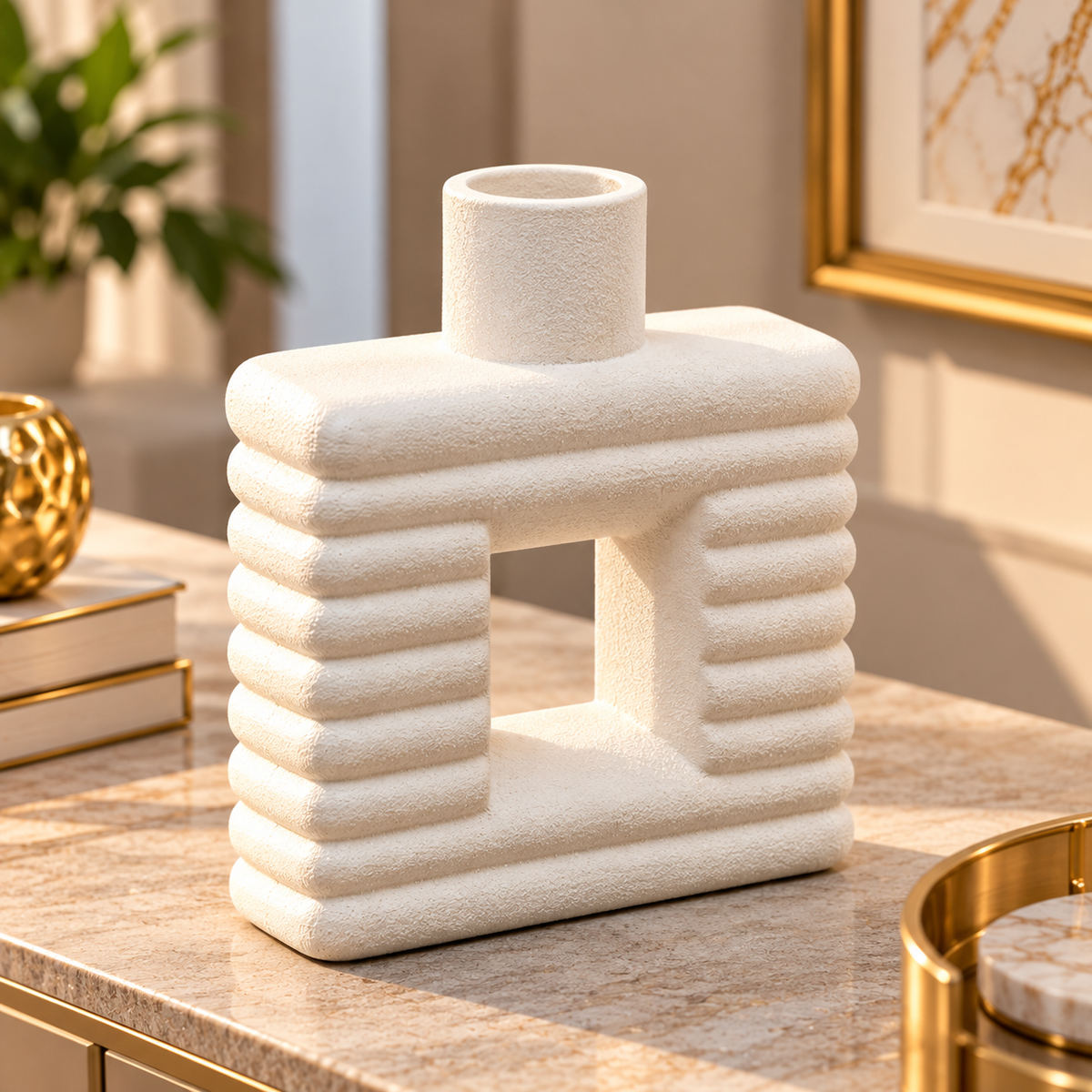 WHITE RIBBED OPEN CENTER DECORATIVE VASE - SMALL