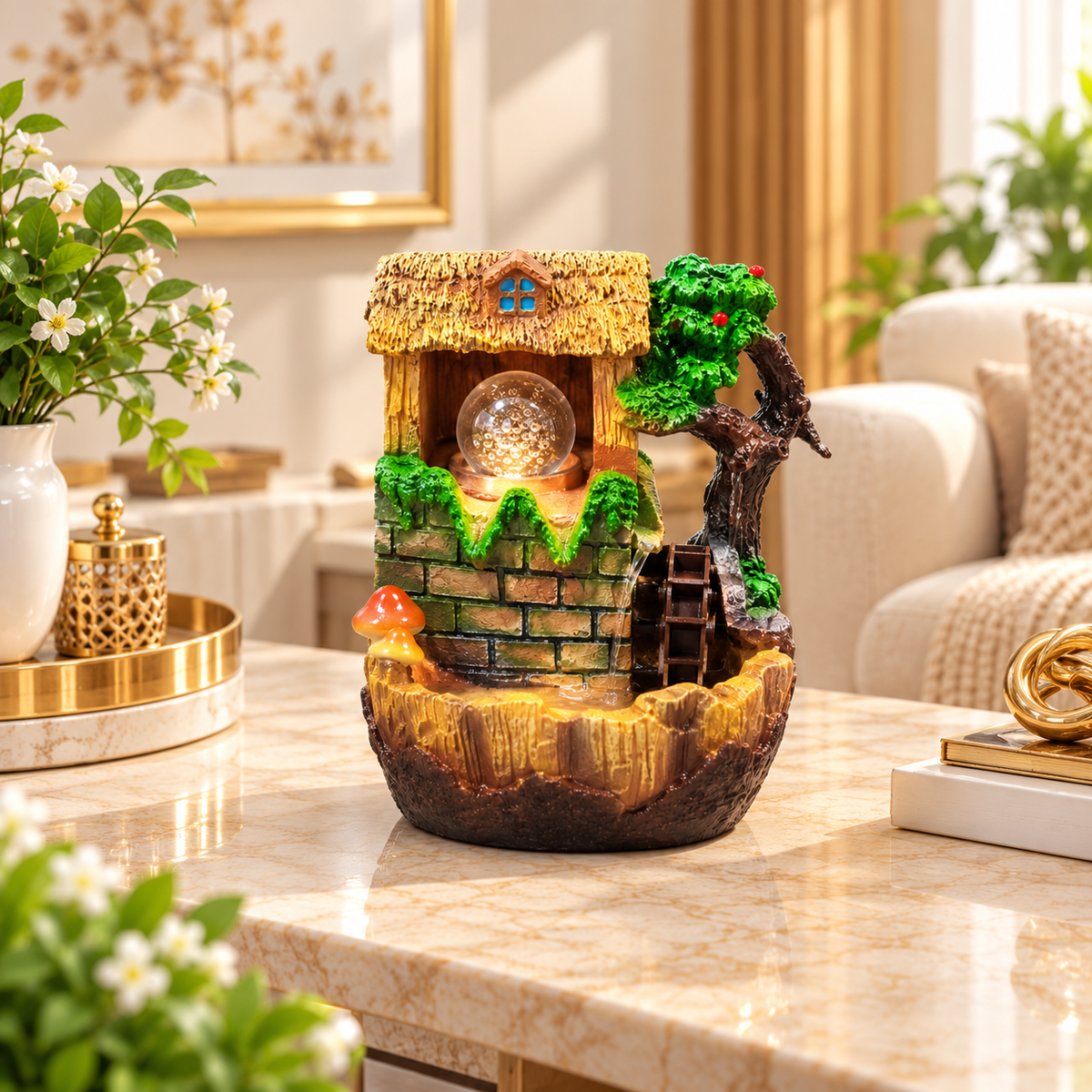 COTTAGE STYLE TABLETOP WATER FOUNTAIN WITH LED LIGHT & WATER WHEEL