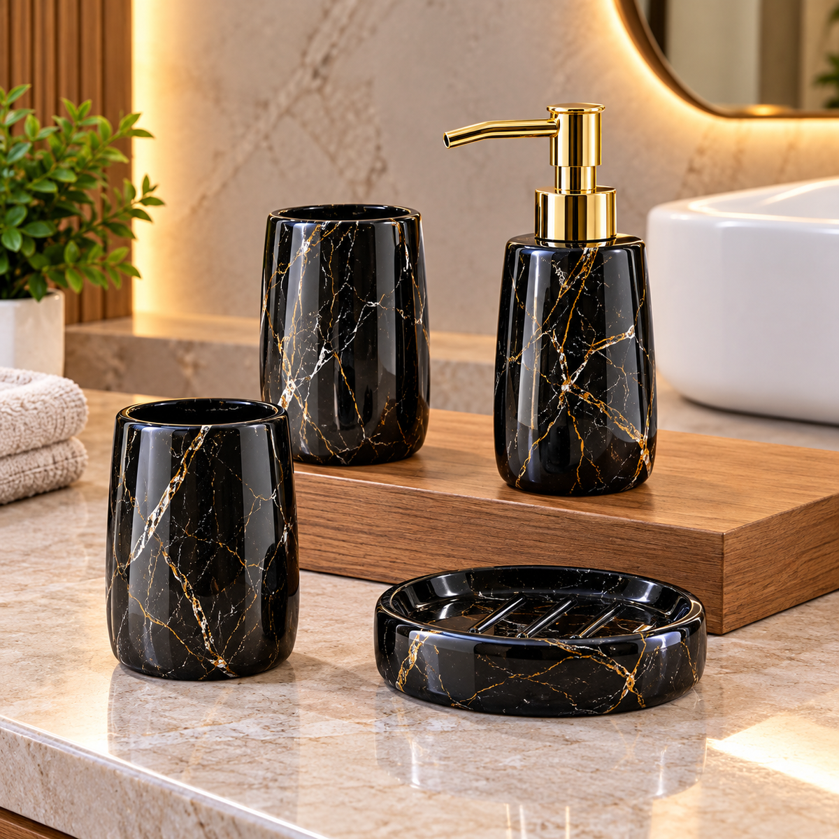 BLACK & GOLD MARBLE DESIGN CERAMIC BATHROOM ACCESSORY SET