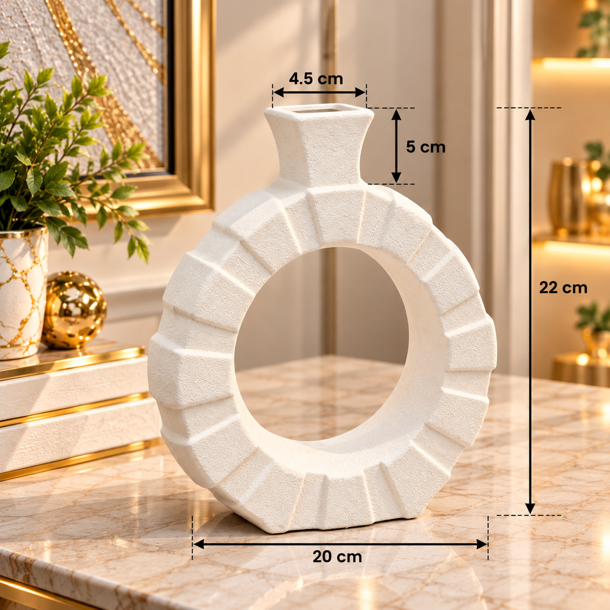 WHITE ROUND RIBBED OPEN CENTER DECORATIVE VASE - SMALL