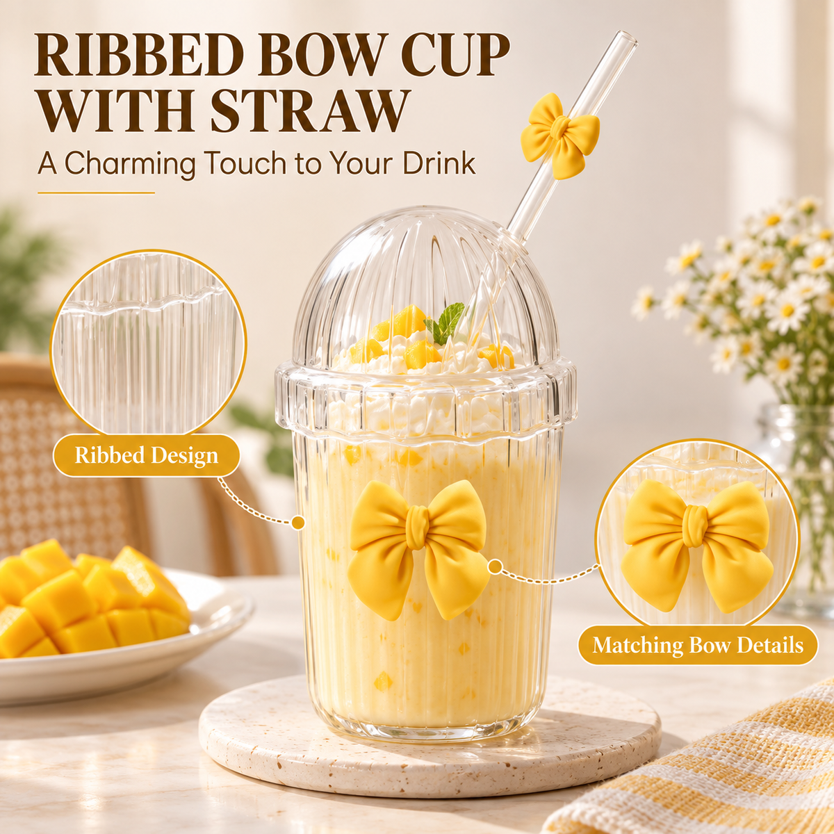 Glasslux Ribbed Pookie Bow Dome Cup With Straw - Yellow / 400 ml