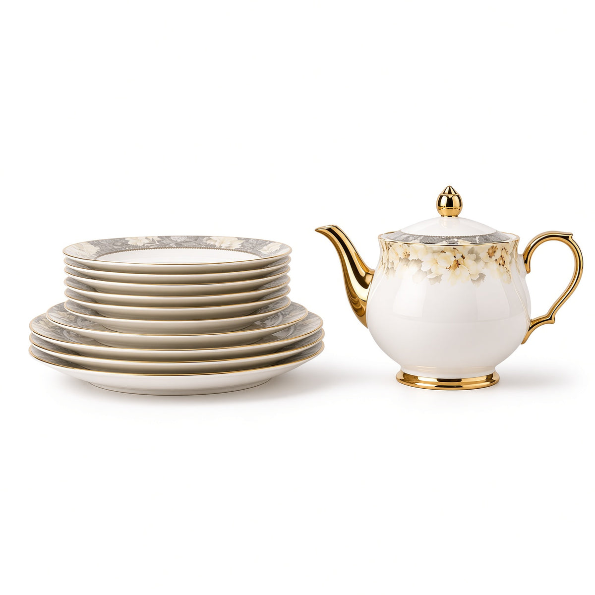 Johnson Bros Inspired Yellow Floral Pattern Grey Borders & Gold Trims Bone China Dinner Set