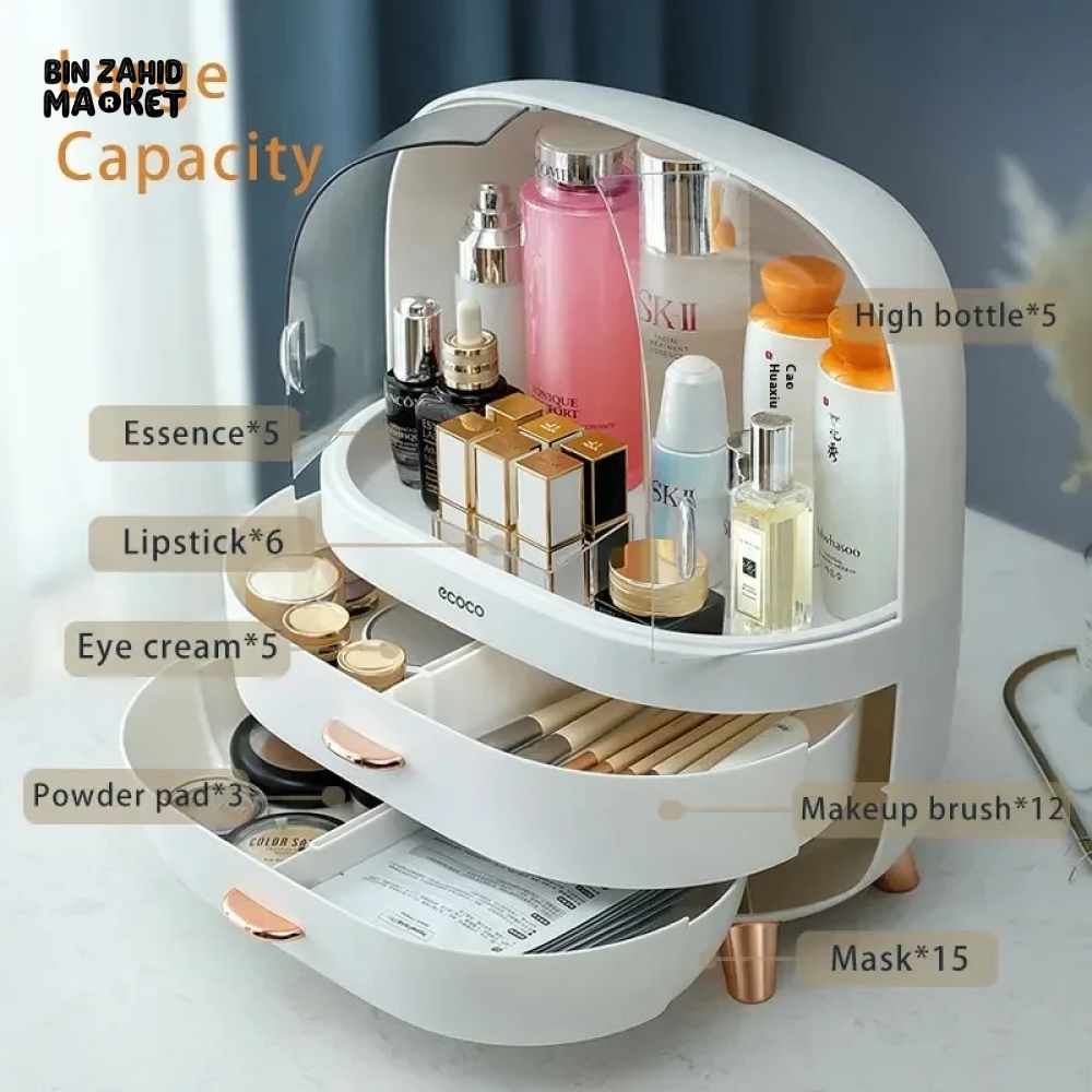 ECOCO LARGE CAPACITY COSMETIC STORAGE BOX – DUSTPROOF & WATERPROOF MAKEUP ORGANIZER WITH DRAWERS - WHITE