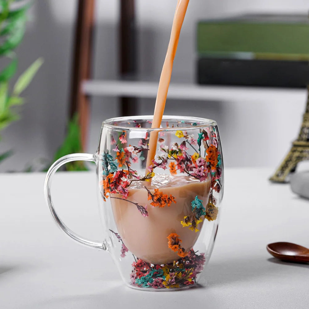 DRIED FLOWER DOUBLE WALL GLASS MUG - 250ML