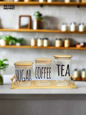 CLEAR GLASS JARS WITH BAMBOO LIDS LABELED FOR TEA SUGAR AND COFFEE — PERFECT FOR AN ORGANIZED AND MODERN KITCHEN LOOK - RECTANGLE SHAPE