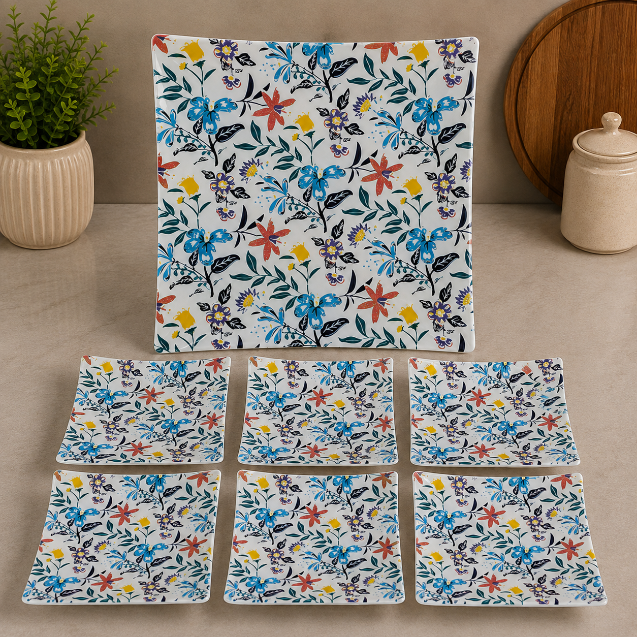 ARCOFAM MULTICOLOR FLORAL SQUARE SERVING 7 PIECE PLATE SET - WHITE NADIYA