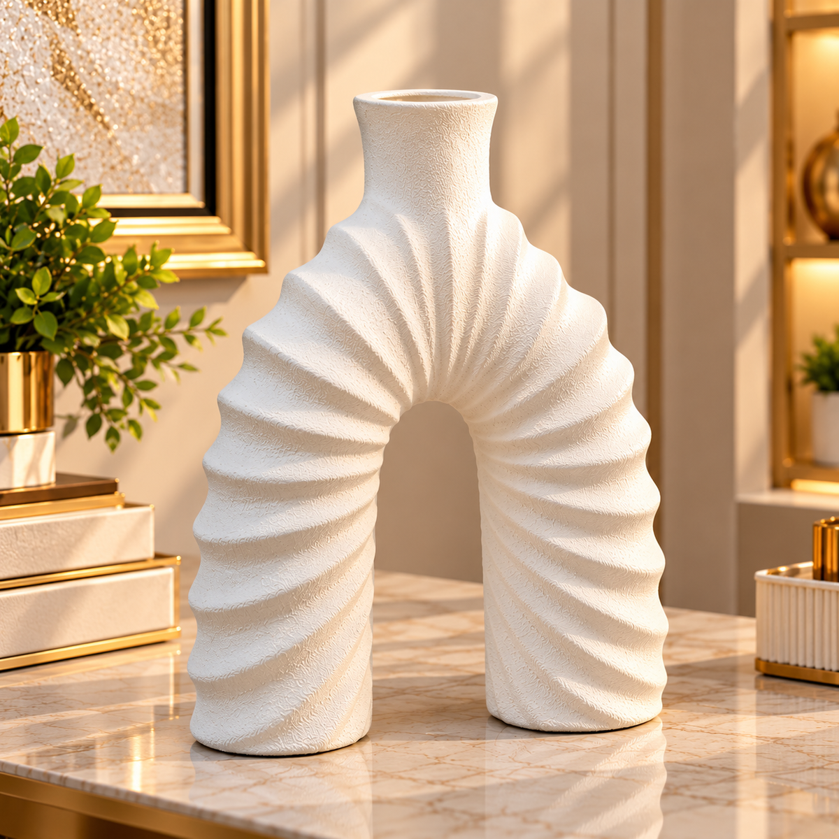 WHITE LARGE ARCH SHAPE RIBBED TEXTURE DECORATIVE VASE - LARGE