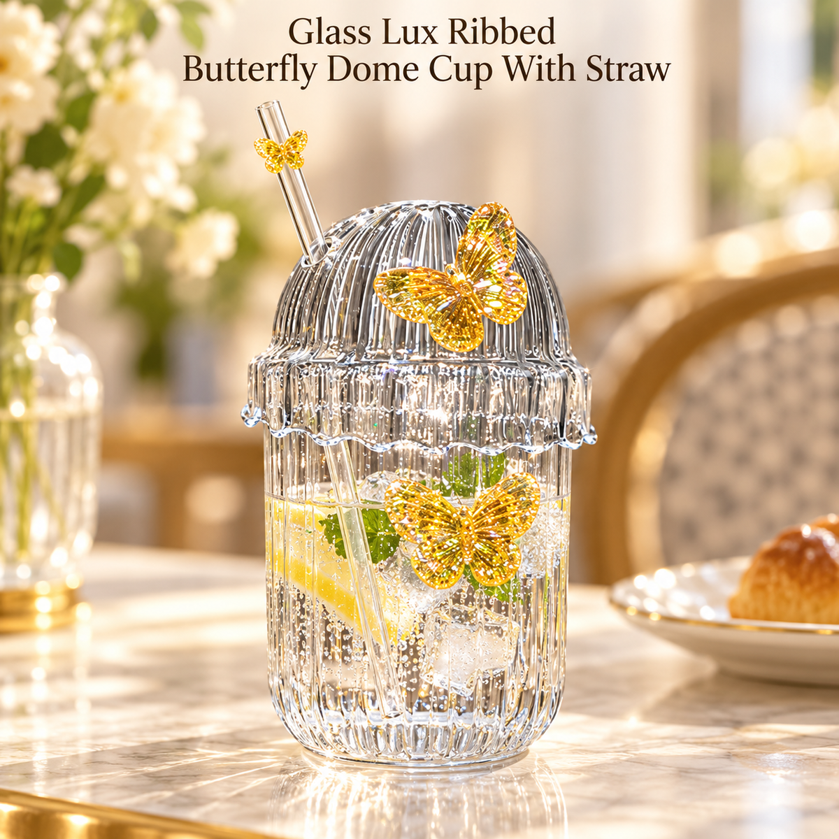 Glasslux Ribbed Butterfly Dome Cup With Straw - Orange / 400 ml