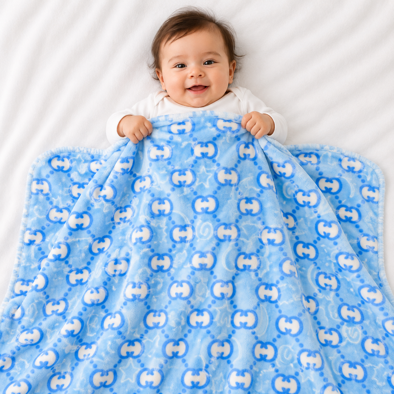 HAPPIMUMS BABY PLUSH SLEEPING BLANKET DOUBLE PLY LITTLE BEAR PATTERN 110 x 80 - BLUE