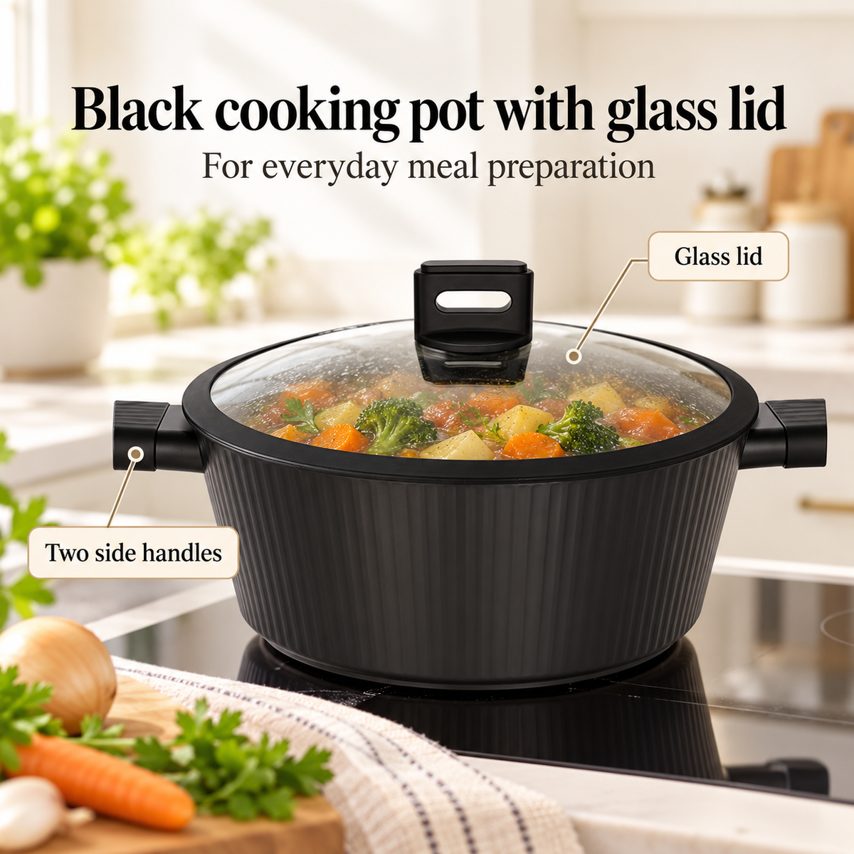 Danny Home Black Cooking Pot with Glass Lid - 20x8.5cm